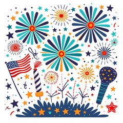 Festive fireworks with American flag and decorations. Colorful explosion patterns for patriotic celebrations and events.