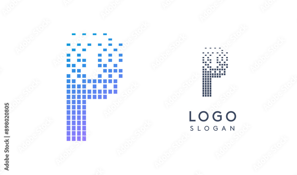 Aufkleber Pixelated Letter P transitioning into scattered pixels with gradient colors creating modern, digital effect like equalizer. Abstract logo for tech software and digital media. Vector illustration.