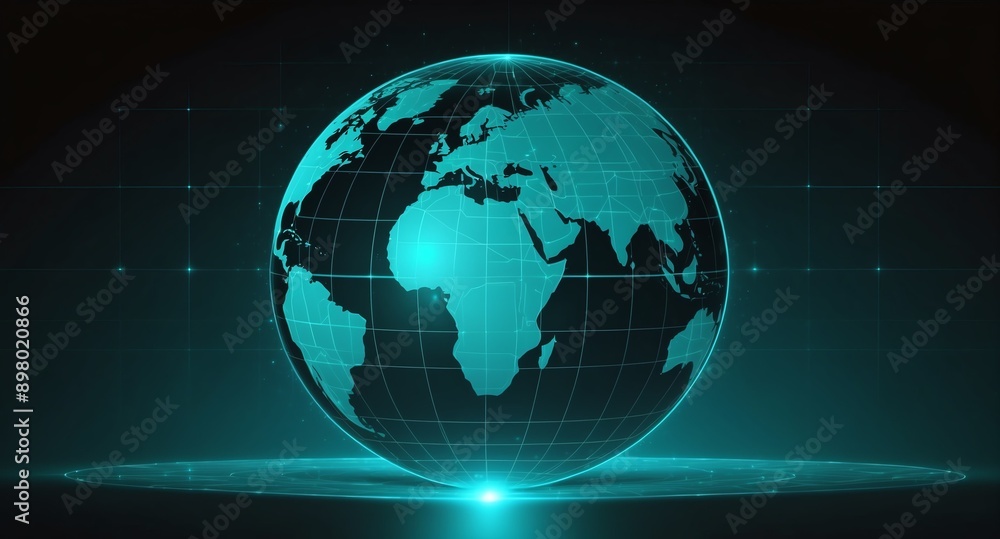 Poster teal hologram earth globe projection grid technology abstract background with copy space