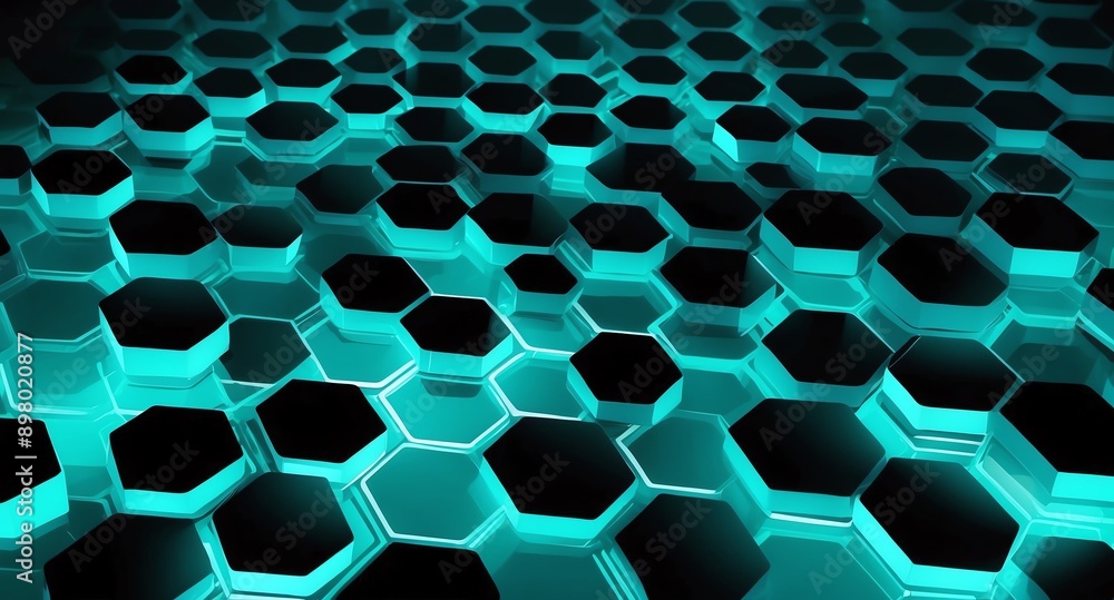 Poster teal hologram hexagon lights projection grid technolog technology abstract background with copy spac