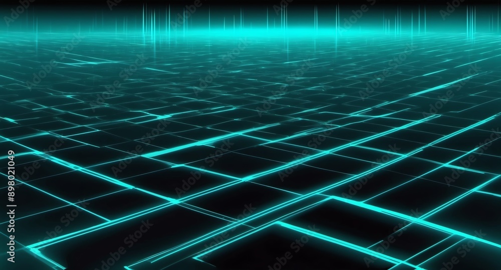 Poster teal hologram light streaks projection grid technology abstract background with copy space