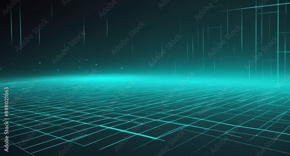 Poster teal hologram light streaks projection grid technology abstract background with copy space