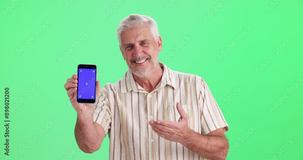 Poster face, green screen and man with smartphone, showing and options on studio background. portrait, matu