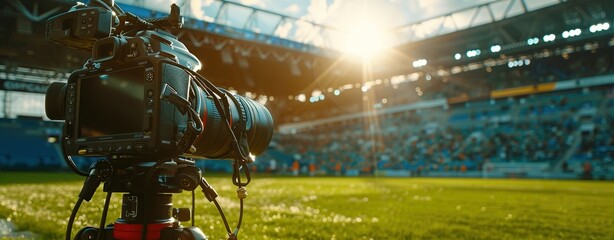 Camera Set Up to Film Soccer Match at Stadium, Empty Stands Soon to Be Full of Fans, Large Field in Front, Sunny Daylight Atmosphere