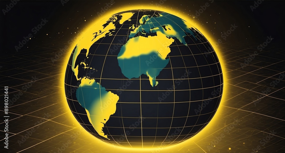 Poster yellow hologram earth globe projection grid technology abstract background with copy space