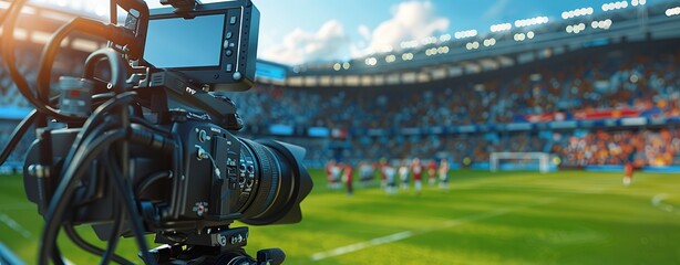 Camera Set Up to Film Soccer Match at Stadium, Empty Stands Soon to Be Full of Fans, Large Field in Front, Sunny Daylight Atmosphere