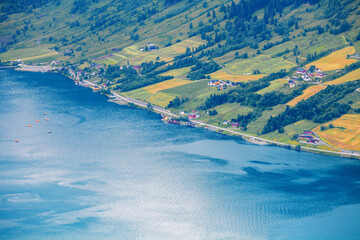 Aerial view from Hoven Mount of Innvikfjorden. Innvikfjorden seashore nature background. Olden,...