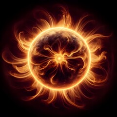 Artistic depiction of the sun with bold, wavy rays on a pitch-black canvas.