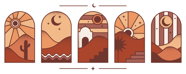 Desert boho logo with mountain and sun landscape. Bohemian valley with moon and cactus. Abstract textured aesthetic design set. Vector arc with aurora. Travel graphic decoration.