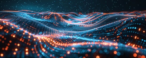 Fototapeta premium Abstract digital landscape with flowing waves of glowing blue and orange particles
