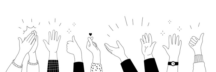 Applause hands set in doodle style. Human hands sketch with arms raised in gestures like clapping, thumbs-up and heart-finger symbols on a white background, vector illustration.