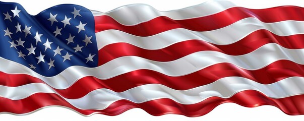 Obraz premium Vibrant American flag waving in the wind, showcasing bold red, white, and blue colors with stars and stripes representing the United States.