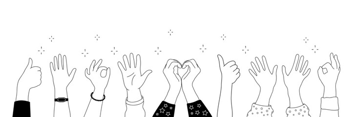 Applause hands set in doodle style. Human hands sketch with arms raised in gestures like clapping, thumbs-up and heart-finger symbols on a white background, vector illustration.