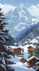 Fototapeta premium Winter Wonderland Village Nestled at the Foot of a Majestic Mountain