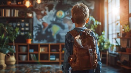 Obraz premium Schoolchild experiencing homecoming, education concept, editorial advertising photography, warm and inviting atmosphere, empty copy space for text on side