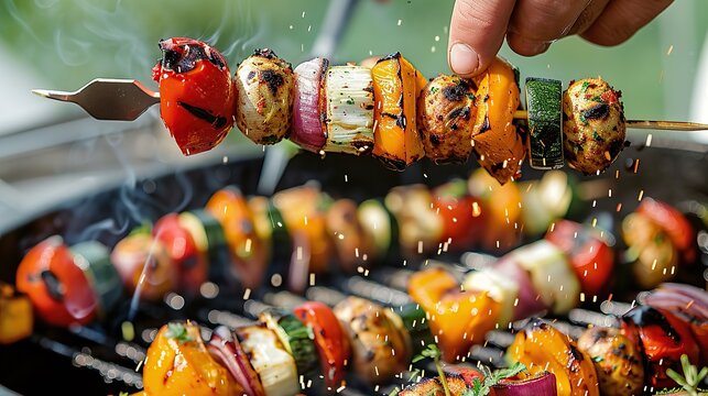 Grilled vegetable vegan skewers. Grilled skewer with vegetables and mushrooms on a log.