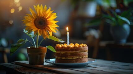 Rustic birthday celebration still life. A small cake with lit candle sits next to a potted sunflower. The soft background has bokeh