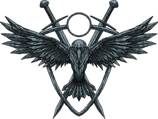 crows, swords and shields with a medieval themed stone look 
