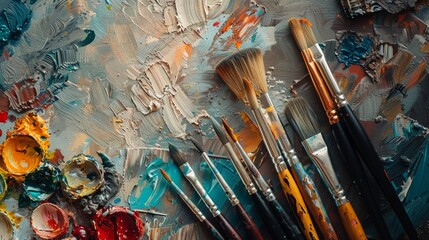 Fototapeta premium Flat lay of a painters palette and brushes, highlighting the simplicity in the art creation process