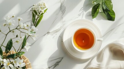 Minimalist flat lay of tea time essentials, offering tranquility and elegance in a simple setting