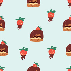 seamless pattern covered cakes with strawberry. Template for Notebook covers, pattern for wallpapers, textile or for cafe, bakery. hand-drawn vector elements. Cute sweet food. World chocolate day