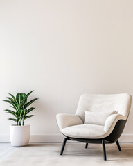 Minimalist interiors composition in plain colors with a large window, minimal furniture and copy space. Residential interiors design composition for Real Estate.