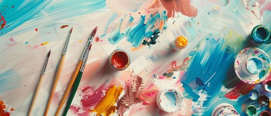 Vibrant flat lay of art supplies, encouraging creativity and simplicity in artistic expression
