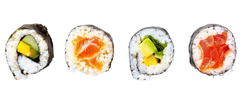 four piece of sushi rolls isolated on transparent background of different sushi