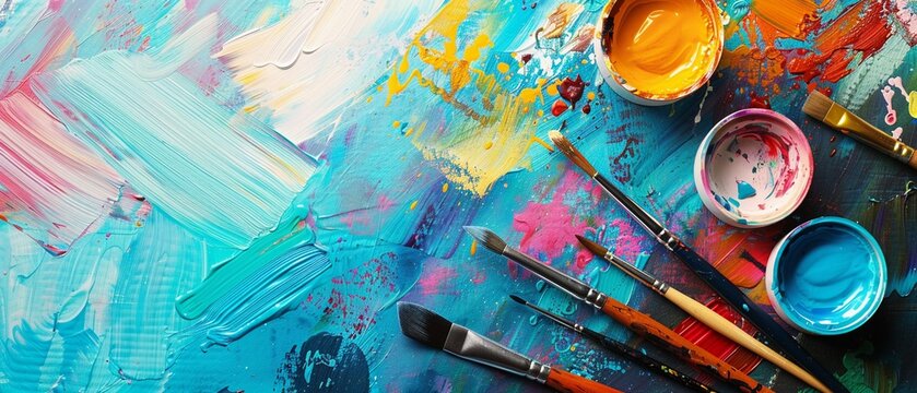 Vibrant flat lay of art supplies, encouraging creativity and simplicity in artistic expression