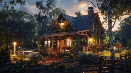 A cozy country cottage bathed in the warm glow of evening light, inviting warmth and serenity.