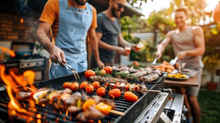 Obraz premium Men enjoying a delightful barbecue night gathering with friends for a fun and sociable evening