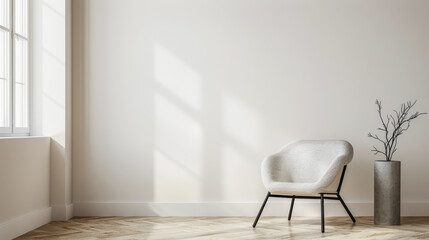 Minimalist interiors composition in plain colors with a large window, minimal furniture and copy space. Residential interiors design composition for Real Estate.