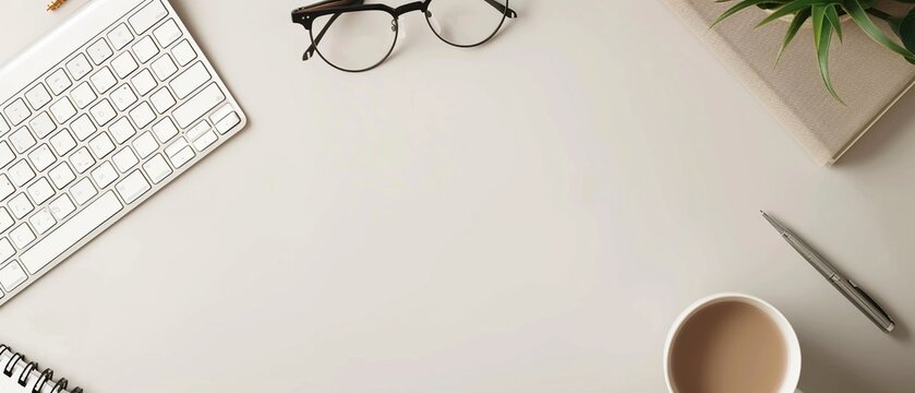 Sleek flat lay of essential modern office supplies, promoting productivity in a minimalist setting