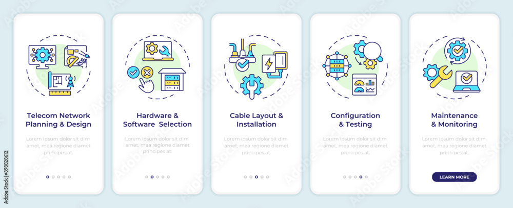Poster telecom network installation onboarding mobile app screen. walkthrough 5 steps editable graphic inst