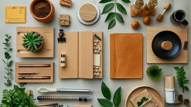 Modern flat lay of eco-friendly office supplies, promoting sustainability with a minimalist approach
