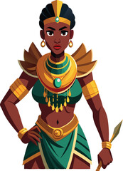 Powerful african queen wearing golden jewelry posing