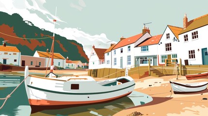 Coastal Village with Boats and Houses