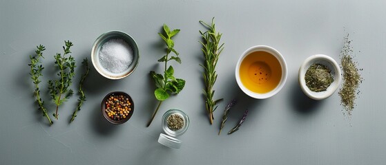 Elegant flat lay of simple gourmet cooking ingredients, celebrating the beauty of minimalist culinary art