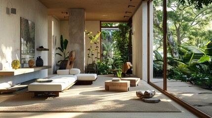Serene image of a sustainable living space, blending nature and modern design for responsible living