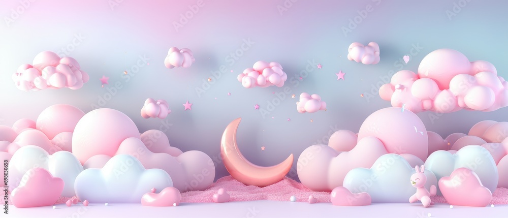 Wall mural a pink and white background with a large pink moon and many pink clouds. there is a rabbit in the bo