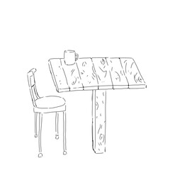 Wooden chair stands near wooden table on which there is a cup of coffee black and white illustration