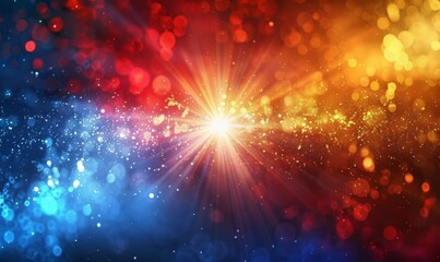 Fototapeta premium Asymmetrical Blue and Red Light Burst: Abstract Minimalist Concept with Radiant Beams on Dual-Toned Background. Enchanting Blue, Red, and Yellow Illumination Creating Celebratory Atmosphere. Festive 4