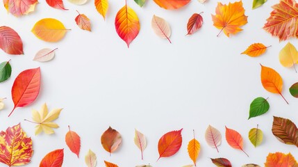 Obraz premium Detailed border made of mixed fall leaves, vibrant and crisp, seasonal frame concept
