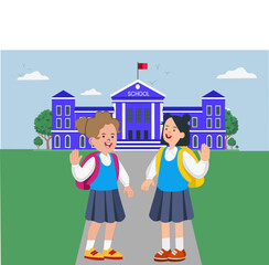 A group of happy beautiful baby students standing at school & meeting together after spending summer vacation. Vector illustration. 