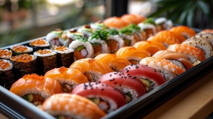 A close-up of a tray of colorful assorted sushi rolls. The rolls feature a variety of toppings, including salmon and roe.