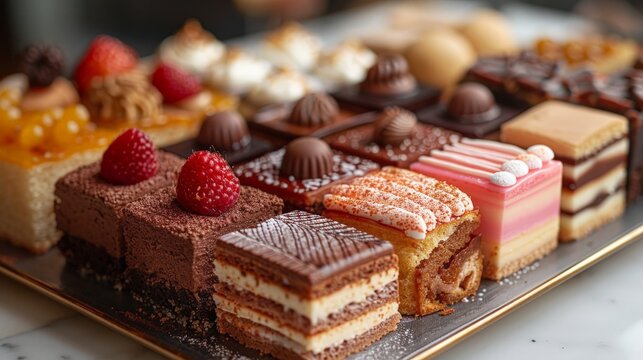 A tray of assorted petite fours, viewed from a slightly high angle, displays a variety of colorful and delicious looking sweets. These bite-sized desserts appear to be ready for a party or event.