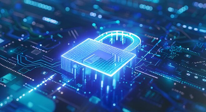 Digital padlock on abstract cyber security technology blue background with binary code
