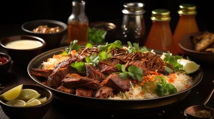 Fototapeta premium A plate of biryani with a bunch of food on it , 