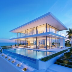 Obraz premium Modern luxury beach house with glass walls, infinity pool and ocean view at sunset. Contemporary architecture and elegant design.
