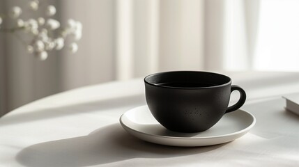 Fototapeta premium A minimalist black mug is placed on a white saucer in a bright, soft-lit setting, creating a modern and elegant aesthetic.